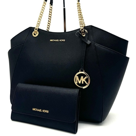 Michael Kors JST Large Chain Shoulder Tote Bag & Trifold Wallet Black/Gold (NWT) - Picture 1 of 12